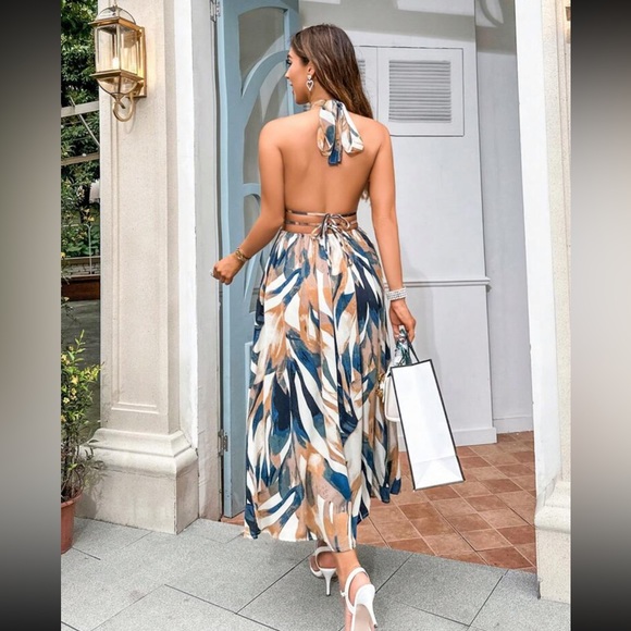 Allover Print Tie Backless Halter Dress Without Belt - Picture 3 of 5